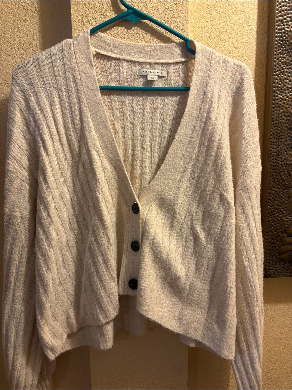 American Eagle Cropped Ribbed Knit Cardigan Cream White Size XS